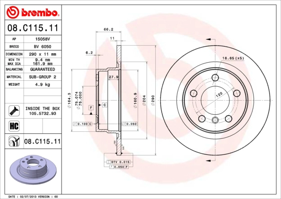 Fren Diski Arka Bmw F20 F21 F22 F23 11> | BREMBO 08C11511 | OEM 34216792225