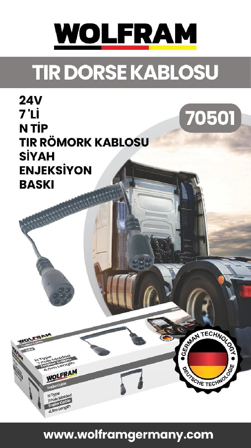 7 Li N Tip Tır Dorse Kablosu Siyah Enjeksiyon Baskı 24V | OEM 70501