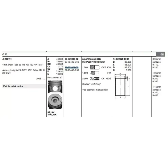Piston Segman A20DT A20DTH Insignia (83,50MM) 050 | GOETZE 8773445050000G | OEM 625001 625000