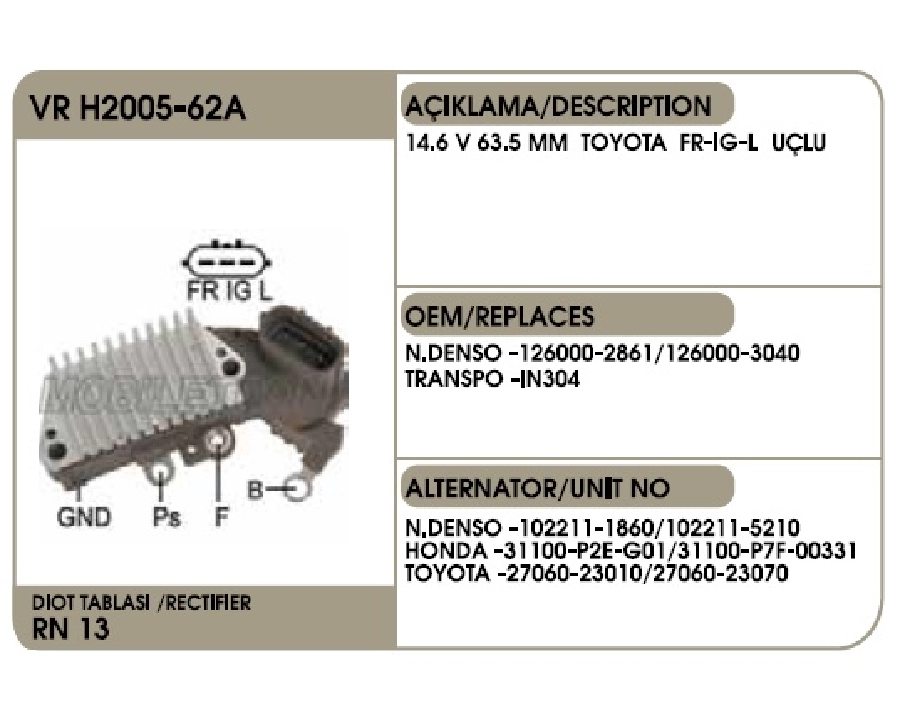 Konjektör Nippon Denso Tip 14.6V - Toyota (63.5mm) (3 İnce Fiş) (Fr-Ig-L) | OEM VRH2005-62A