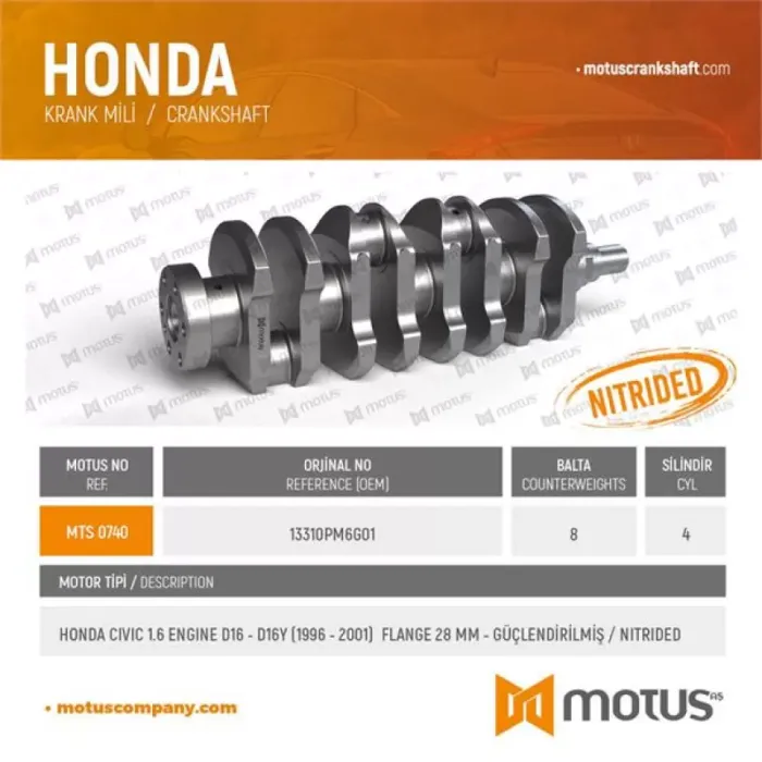 Krank Mili Honda Civic 1.6 Motor D16 Motor 1990 – 2006 8 Baltali Kasnak Capi 28 Mm | MOTUS 740 | OEM 13310-PM6-G01