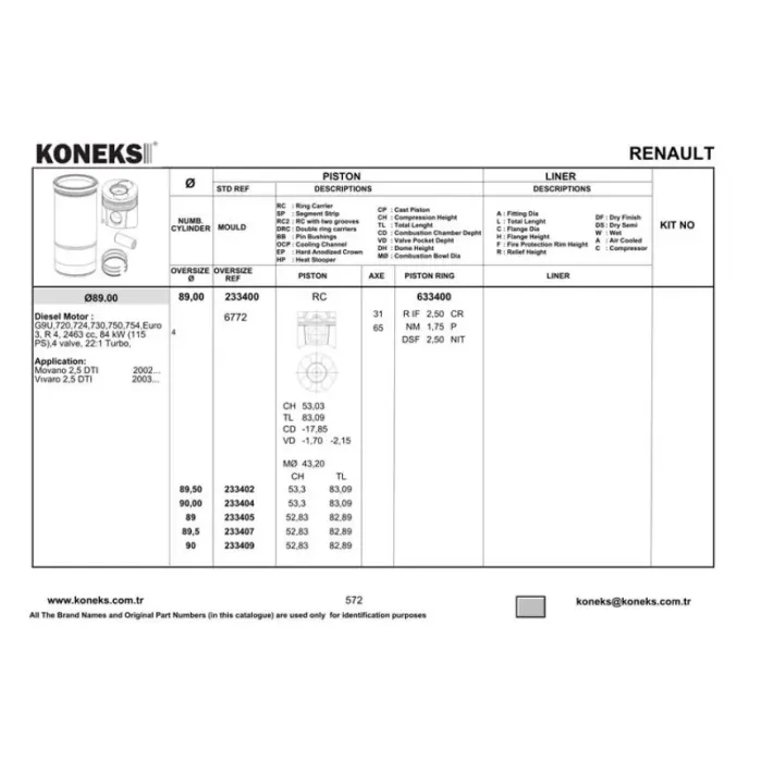 Motor Piston+Segman Master 2.5 Dci-Movano 2.5CDTI (G9U) 115HP EURO3 (89.00MM) / (Std) | KONEKS 233400 | OEM 7701477122 7701477121