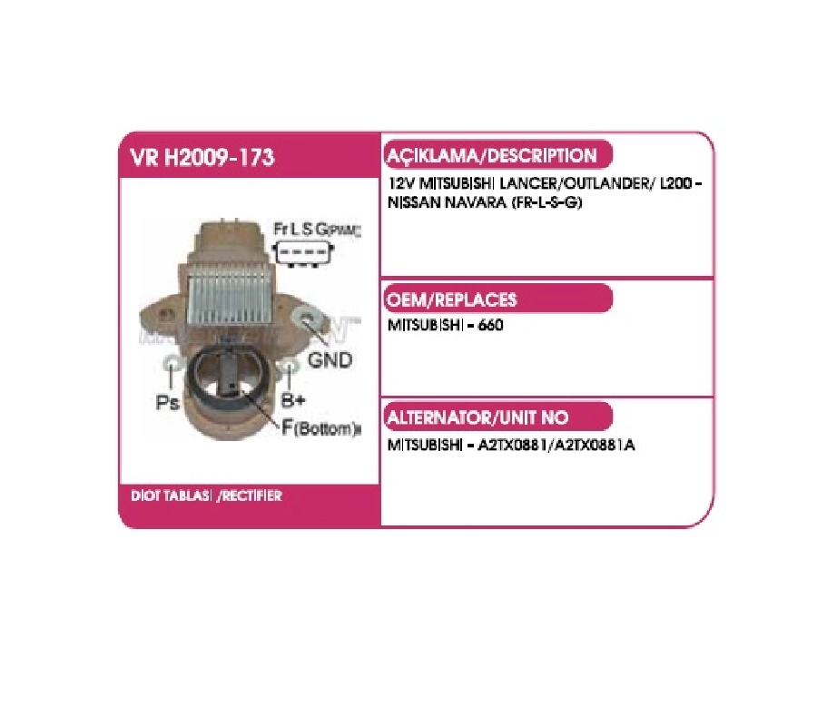 Konjektör Mitsubishi Tip 12V Mitsubishi Lancer, Outlander, L200, Nissan Navara (Fr-L-S-G) | OEM VRH2009-173