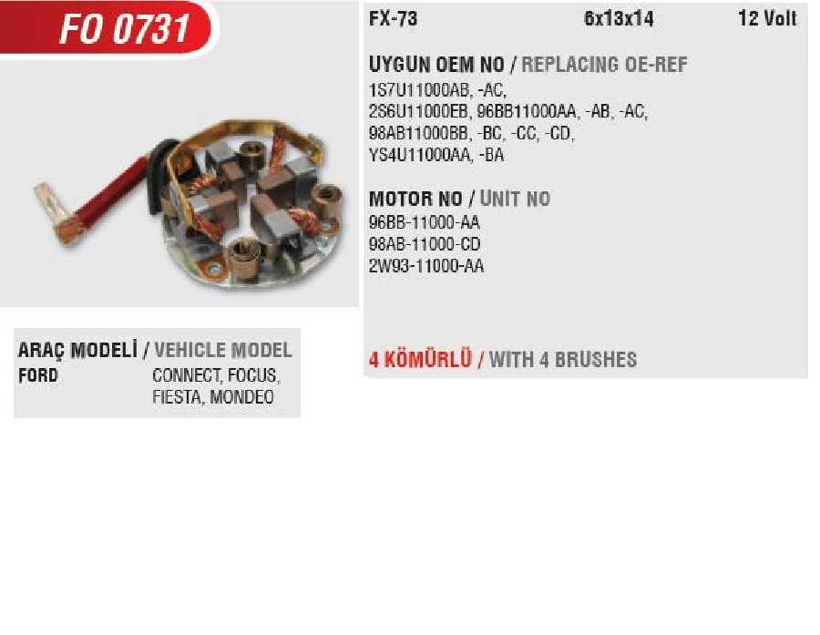 Marş Kömür Yuvası Motograft 4K Lü - Ford Focus Fiesta Ranger Dzl.-Mondeo-Connect 6x13x11,5 (Uygun Kömür | OEM FO0731