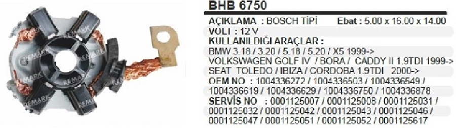 Marş Kömür Yuvası Bosch Tipi BMW 3,18, 3,2, 5,18, 5,20, X5 1999 ve sonrası (Bsx 220-221) | OEM BHB6750
