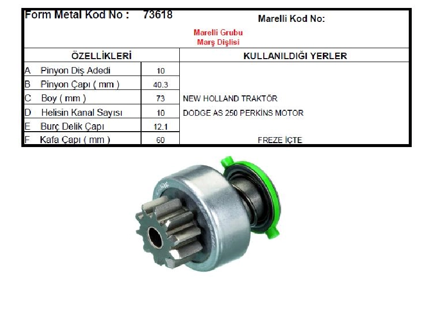 Marş Dişlisi Marelli Tip 10D - Uzel Mf 3050, 3060 Phantom, Beko Loader Erkunt Traktör, Jcb İş Makina | OEM 73618