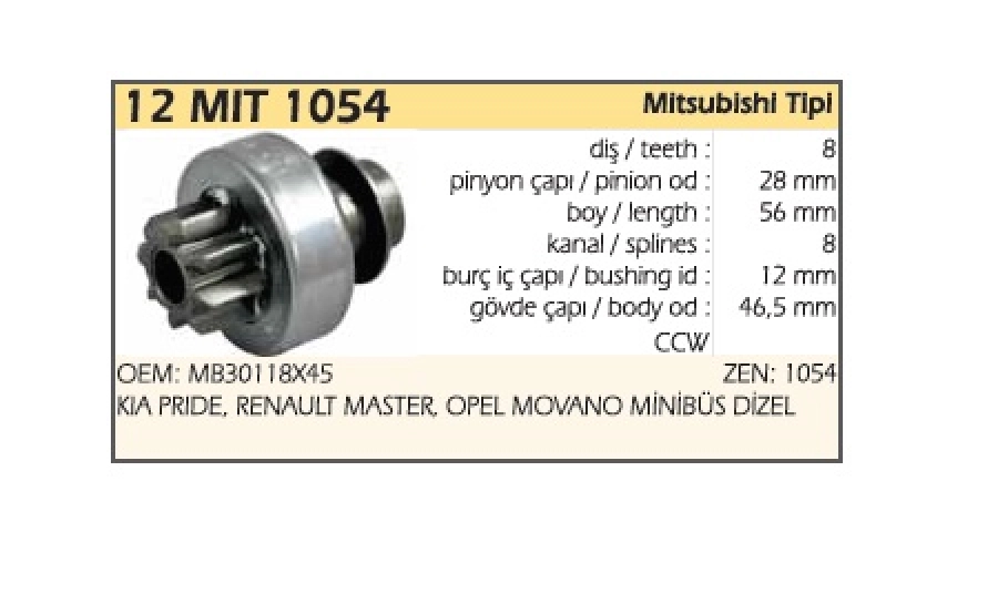 Marş Dişlisi ZEN1054 8 Diş, CCW Kia Prıde, Ford Fiesta Minibüs Dizel | OEM 12MIT1054