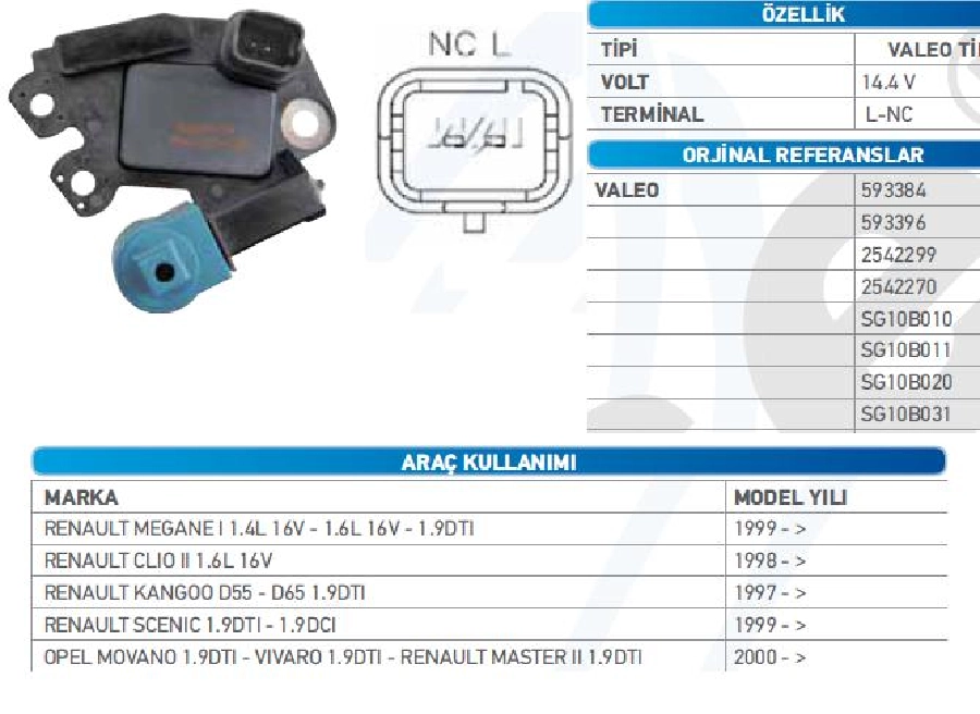 Konjektör 14.6V Valeo Tipi Megane Kangoo 1.5DCI Peugeot 306 307 406 Çift Fişli {140 Amper} | OEM TRS.YR.M546