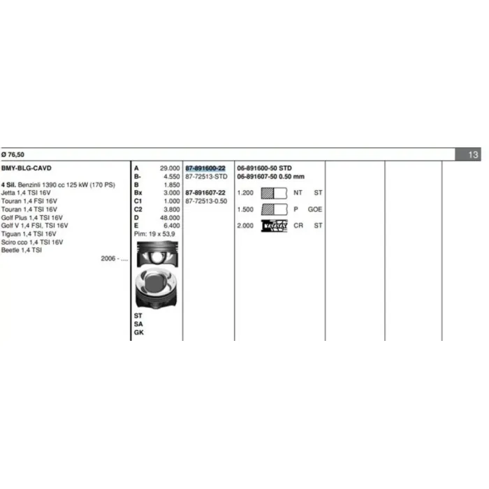 Piston+Segman (76,51MM Std) Golf V / VI / Plus Alhamra Beetle (Touran 1,4TSI / FSI) Eos Jetta III / IV Passat Scirocco Sharan Tiguan 1,4TSI (140 / 150 / 160 / 170 Ps) Blg Bmy Bwk Cava Cavb Cavc Cavd Ctha Cthd 05>> | GOETZE 8772513STD000G | OEM