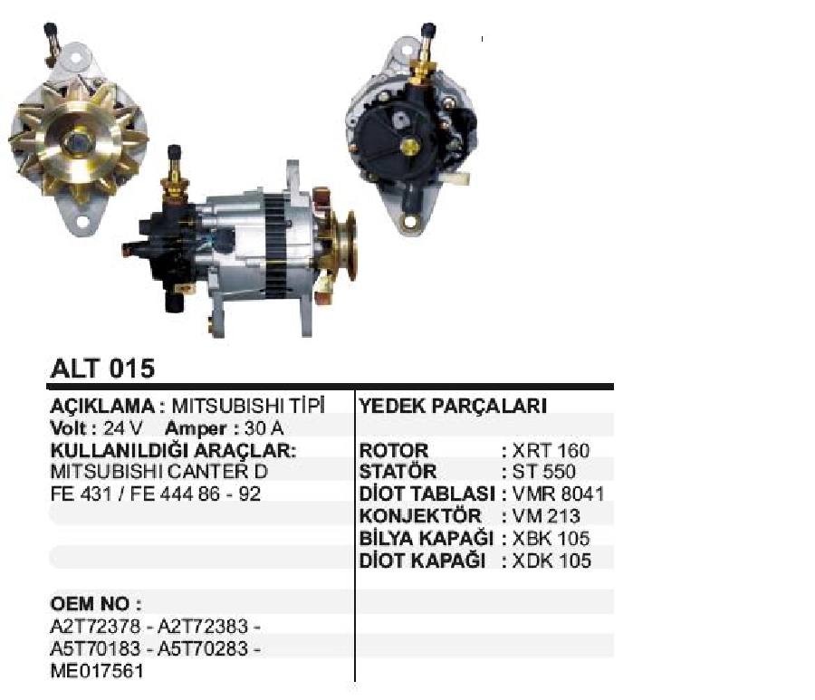 Alternatör 24V 30A Mitsubishi Tipi Canter D, FE431, FE444 1986-1992 Eski Model Vakumlu, V Tek Kasnak | OEM ALT015