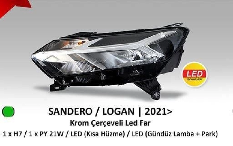 D Sandero-Logan Far Sağ (LED Drl + Park + Kısa Hüzme) Krom Çerçeveli Motorlu (2021 ve sonrası ) | OEM 404540
