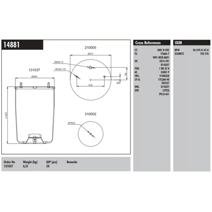 Dingil Korugu Pistonsuz Schmitz-Kassbohrer-Bpw Dorse 36K | CONNECT MD 14881 | OEM 130037 0542941010 0542941221 130037 750570/05.429.41.01.0 (36K)/4881NP02/1T66D-7/W01-M58-8601/1R14-7