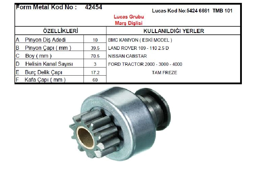 Marş Dişlisi 10D Lucas Tipi 3 Kanal Kalın Dik Freze - Ford Traktör 2000,3000,4000 BMC Kamyon D750 | OEM 42454