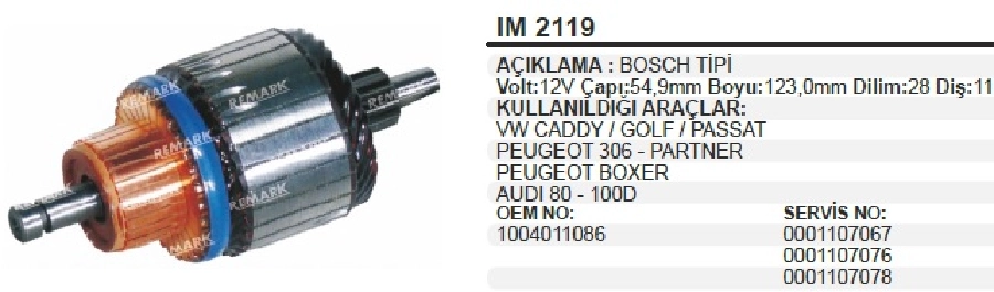 Marş Kollektörü Bosch Tip 12V VW Caddy Golf Passat Peugeot 306 Partner Boxer Audi 80-100D 28 Dilim 11 Diş | OEM IM2119