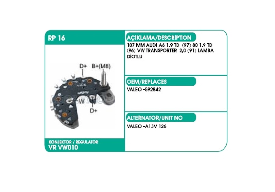Diyot Tablası Valeo Tip - Audi A6 1.9 TDI (97)-80 1.9 TDI (96), VW Transporter 2.0 (91) (Lamba Dıotl | OEM 01656