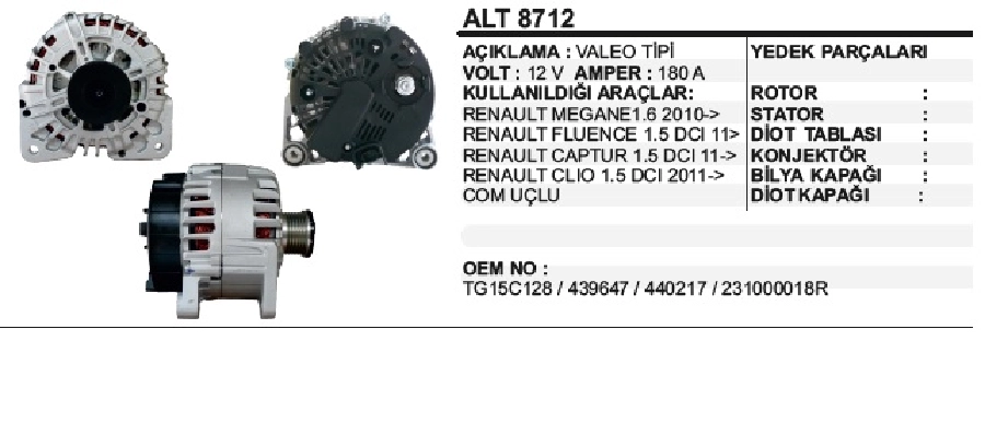 Alternatör Valeo 12V 180A Fluence, Captur, Clio Com 6PK Bilyalı | OEM ALT8712