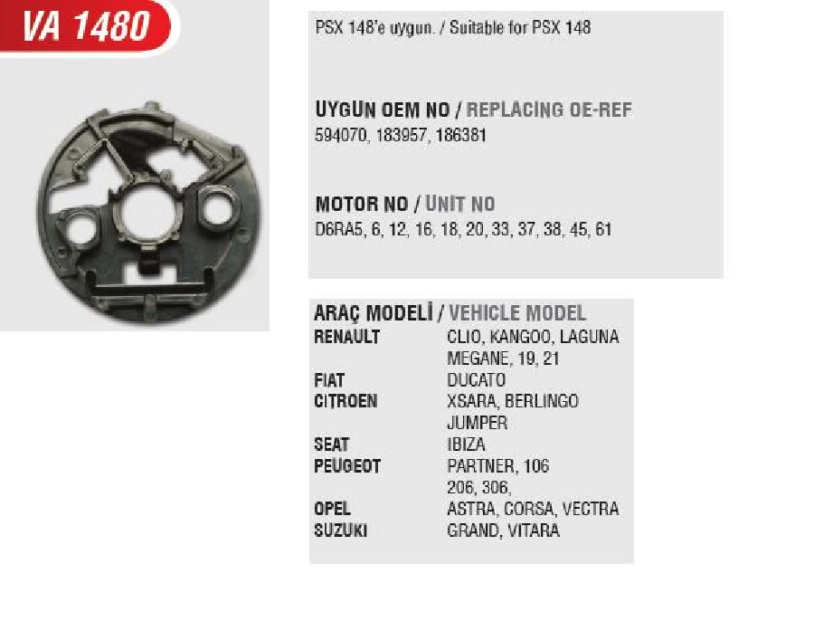 Marş Kömürü Yuvası Kömürsüz Renault Clio 1.2-1.4-Clio 2 1.4-1.6-Kango 1.4-Laguna (Uygun Kömür: PSX148 Uygu | OEM VA1480