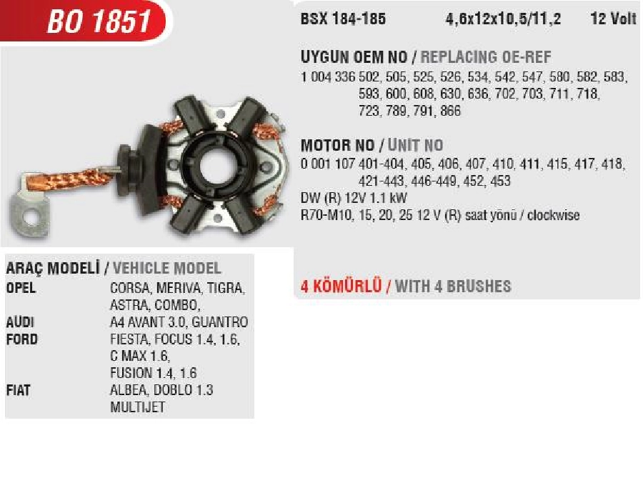 Marş Kömür Yuvası - Opel Corsa, Meriva, Tigra, Astra, Combo, Audi A4 Avant 3.0, Ford Fiesta, Focus 1.4,1.6 C | OEM BO1851