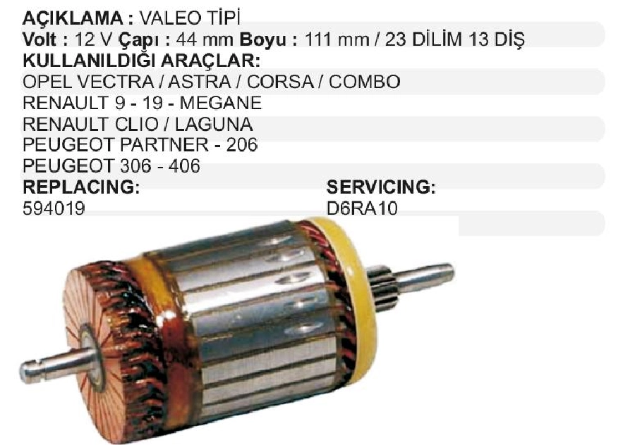 Marş Kollektörü 12V. 13D Valeo Tipi Vectra, Astra, Corsa, Combo, Clio, Laguna, Partner, 206, 306, 406 Boy | OEM IM540