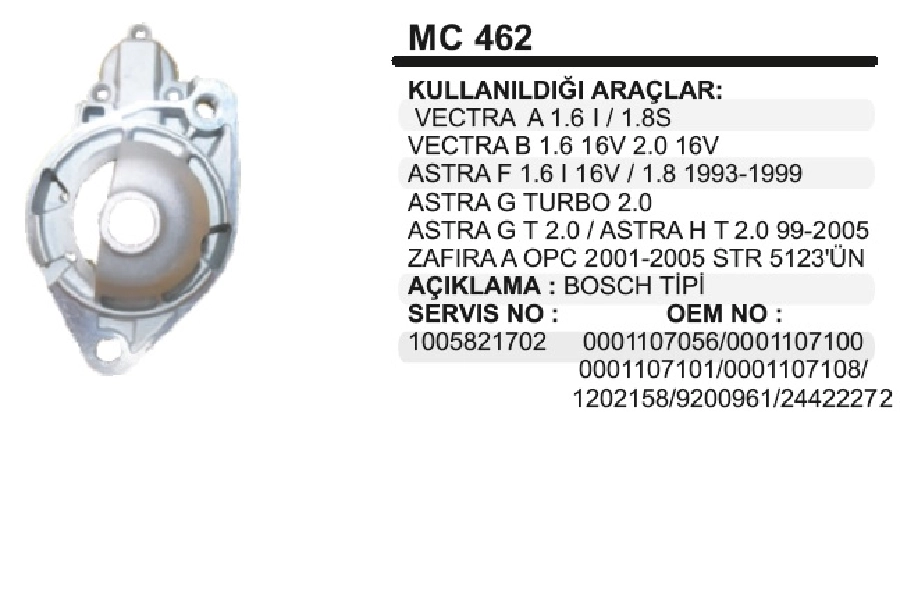 Marş Ön Kap. - Bosch Tipi Vectra A-B, Astra F-G Turbo 2.0 Astra H Zafira -A Kapak STR5123 Ün | OEM MC462