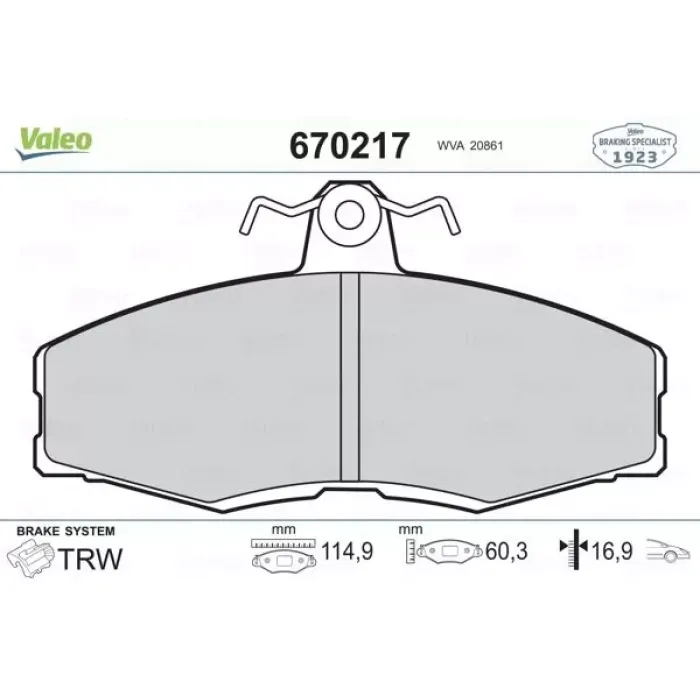 On Fren Balatasi Favorit 1.3 (82>97) Felicia 1 / 2 (1.3 / 1.6 / 1.9) 94>02 Caddy II 1.6 / 1.9 96>00 | VALEO 670217 | OEM 115430200 115430200 115430201 115430202 115430201 115430202