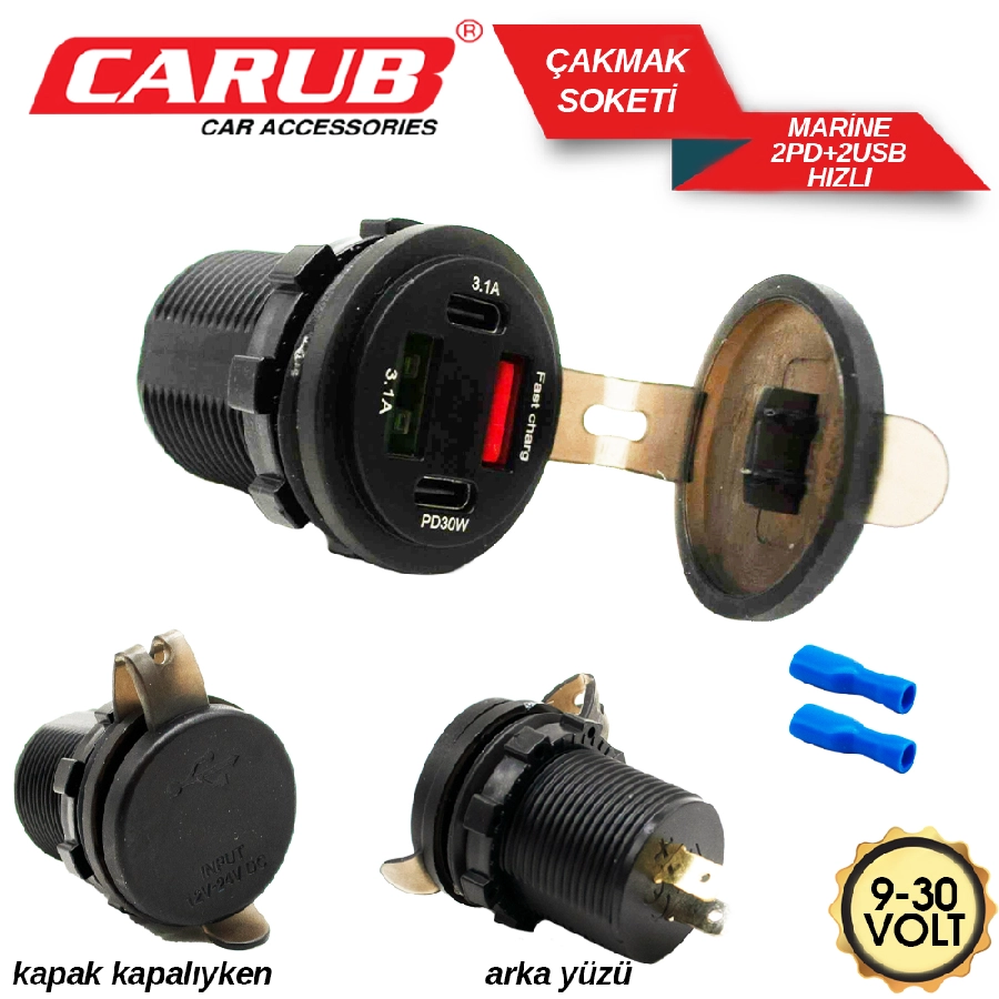Çakmak Soketi USB 9-30V Marin 2PD + 2USB + Voltmetre | OEM BR1700817