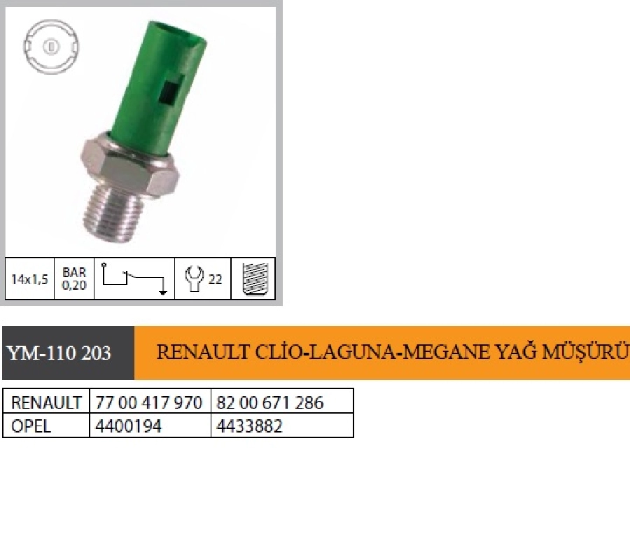 Müşür Yağ Renault Clio 1,6-1,9-2,0i, Laguna 1,6-1,8-1,9, Megane 1,4-1,6-1,9-1,9TD Megane 2,0i-2,0i | OEM YM-110203