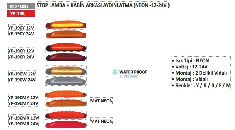 Stop Lamba + Kabin Arkası Aydınlatma Neon Sarı 24V | OEM YP190Y-24V