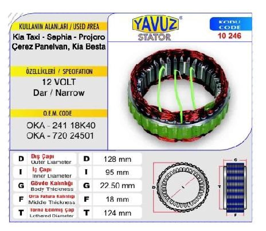 Statör Japon Tip 12V 50A Kia Taksi-Sephia -Prejoro-Çerez Panelvan Kia Besta (10246) | OEM 130012