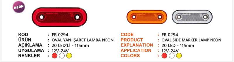 Fr Oval Yan İşaret Lamba Neon 20 Ledli Sarı 12-24 Volt
