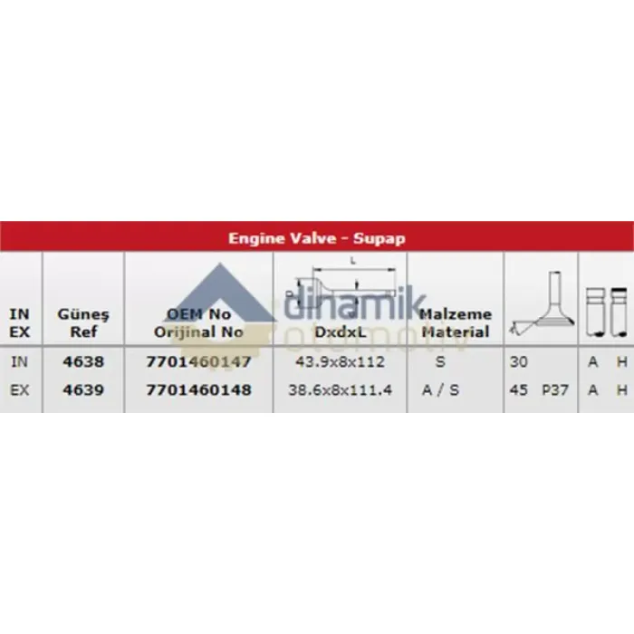 Subap Takimi R21 Gts / Rx / Gtx / Ti / Txe / Nevada Concorde (In 4 / Ex 4) | GUNES 4638-4639 | OEM 7701460147 7701460148