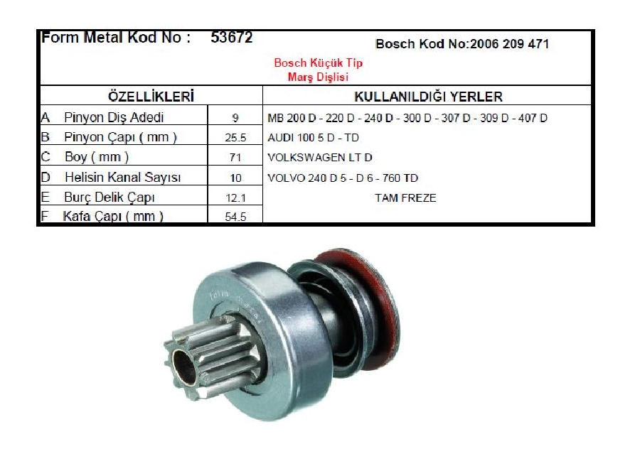 Marş Dişlisi Bosch Tipi 9 Dış 10 Kanal Mercedes 200D, 220D, 240D Eskı Model (123 Kasa) Tam Freze (2 | OEM 53672