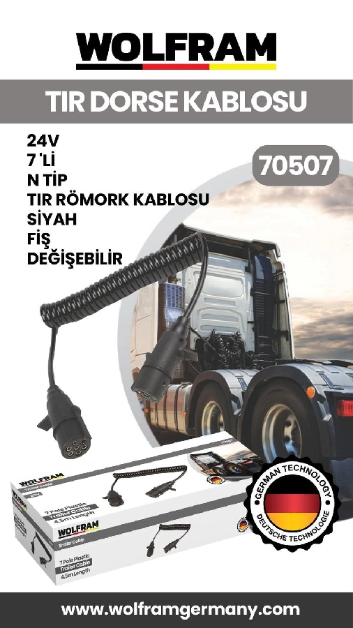 7 Li N Tip Tır Dorse Kablosu Siyah Fiş Değişebilir 24V | OEM 70507