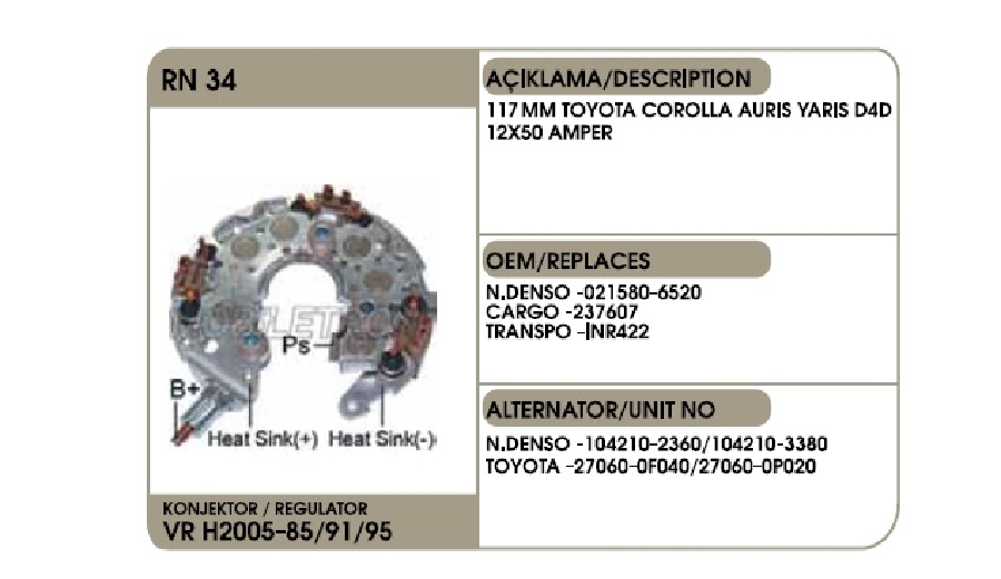 Diyot Tablası Nippon Denso Tip 117mm - Ford Focus C-Max - Ford Ranger Klimalı, Toyota Tundra V8-4.7, R | OEM 01646