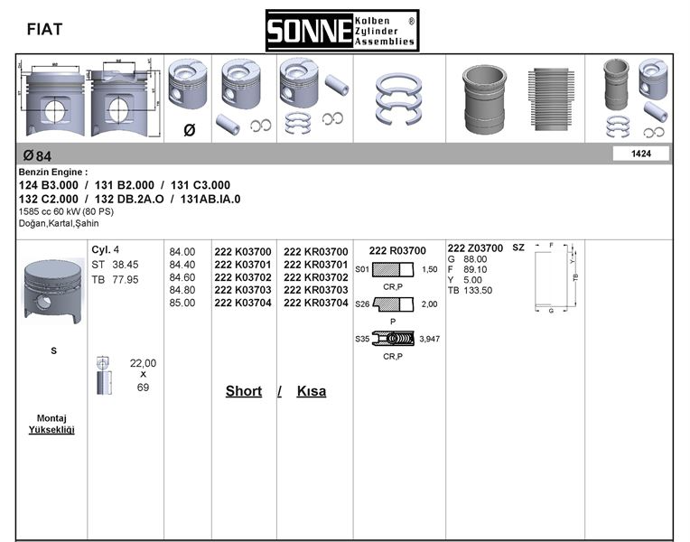 Motor Piston Segman M131 1.6 ( Std ) (85.00MM) | SONNE 222KR03700 | OEM 4340045 5880249 55173576