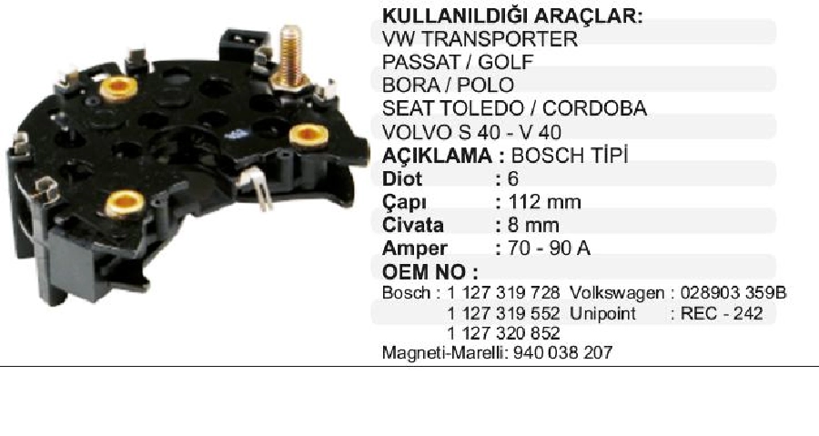 Diyot Tablası Bosch Tipi 112mm Mercedes, BMW, VW Golf Polo Transporter Seat | OEM RB122H