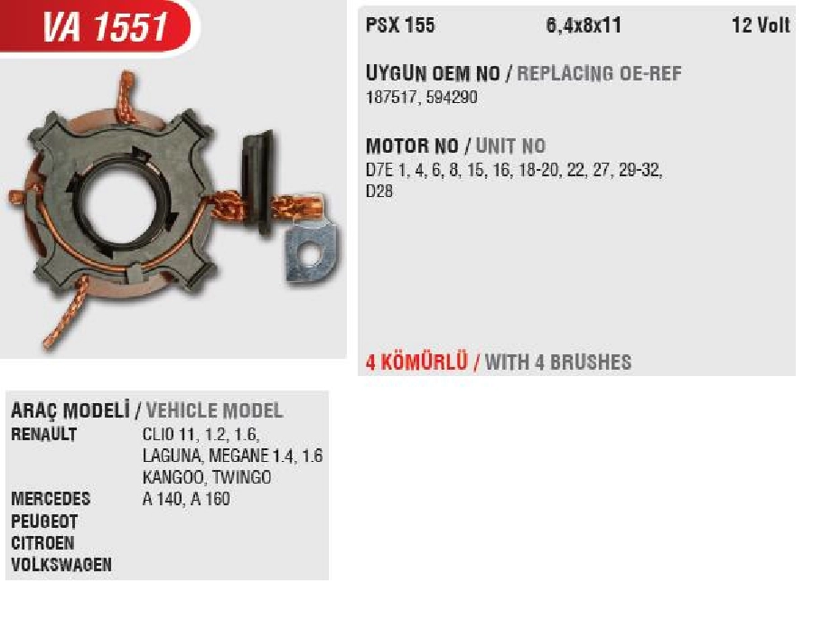 Marş Kömürü Yuvası - Renault Clio 2 1.2-1.6-Laguna-Megane 1.4-1.6-Kango (Uygun Kömür:PSX155) | OEM VA1551