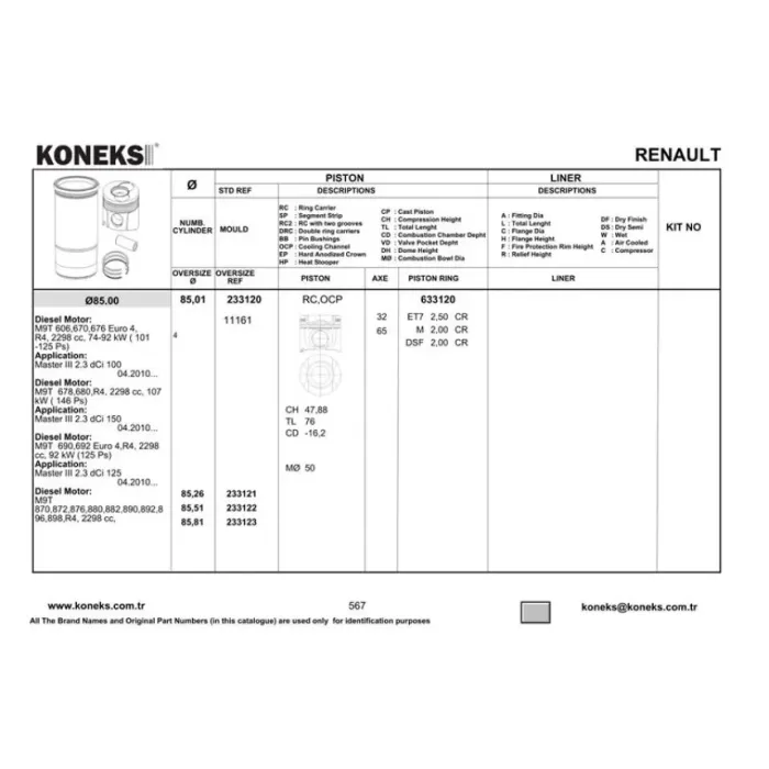 Motor Piston+Segman Master 3 2.3DCI M9T Euro 4-5 (85.01MM) / (Std) | KONEKS 233120 | OEM 120A17400R