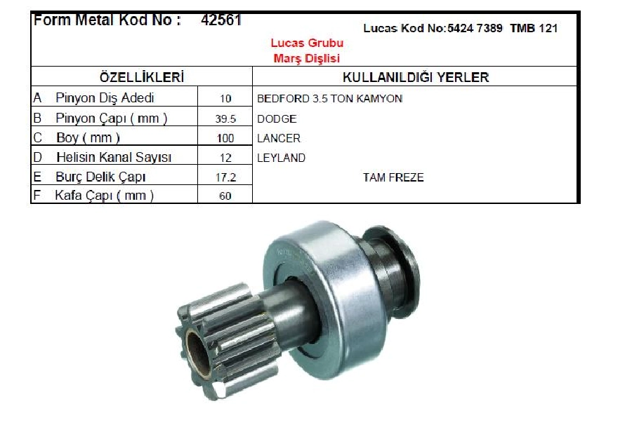 Marş Dişlisi 10D Lucas Tipi Bedford 3.5 Ton Kamyon | OEM 42561