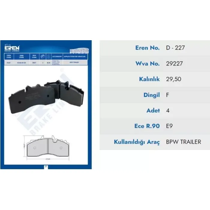 Fren Balatasi Küçük Bpw Dingil Diskli Fren (Mavi Kutu) | EREN HP D.227 M201 | OEM 29227 0509290120 0900061790
