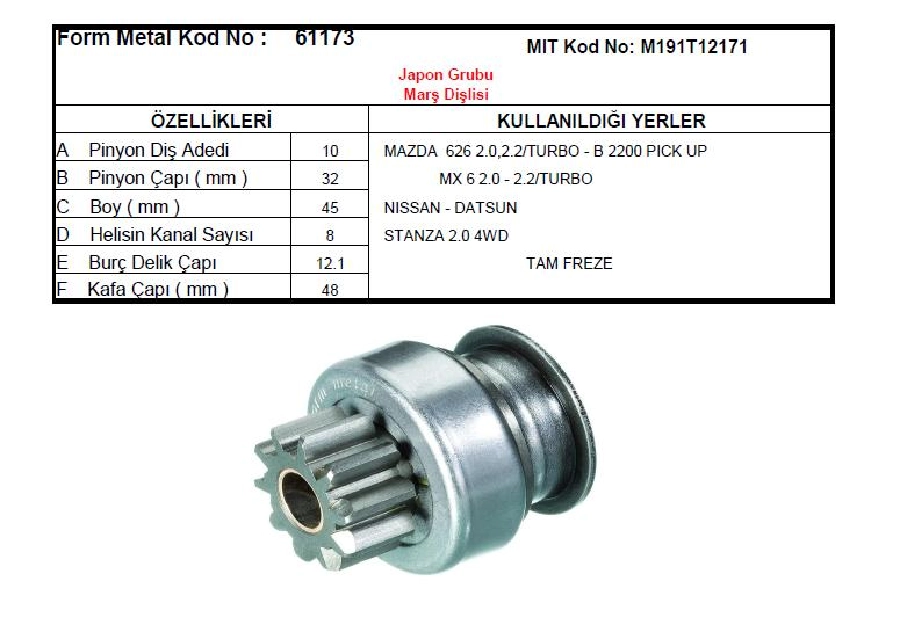 Marş Dişlisi Mitsubishi Tipi 10 Dış Mazda 323-626-B 2200 Pıck Up, Nissan Stanza (596) | OEM 61173