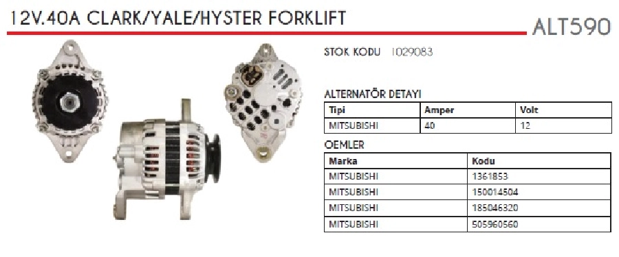 Alternatör 12V 40A Mitsubishi Tipi Clark, Yale, Hyster, Sumitomo Forklift | OEM ALT590