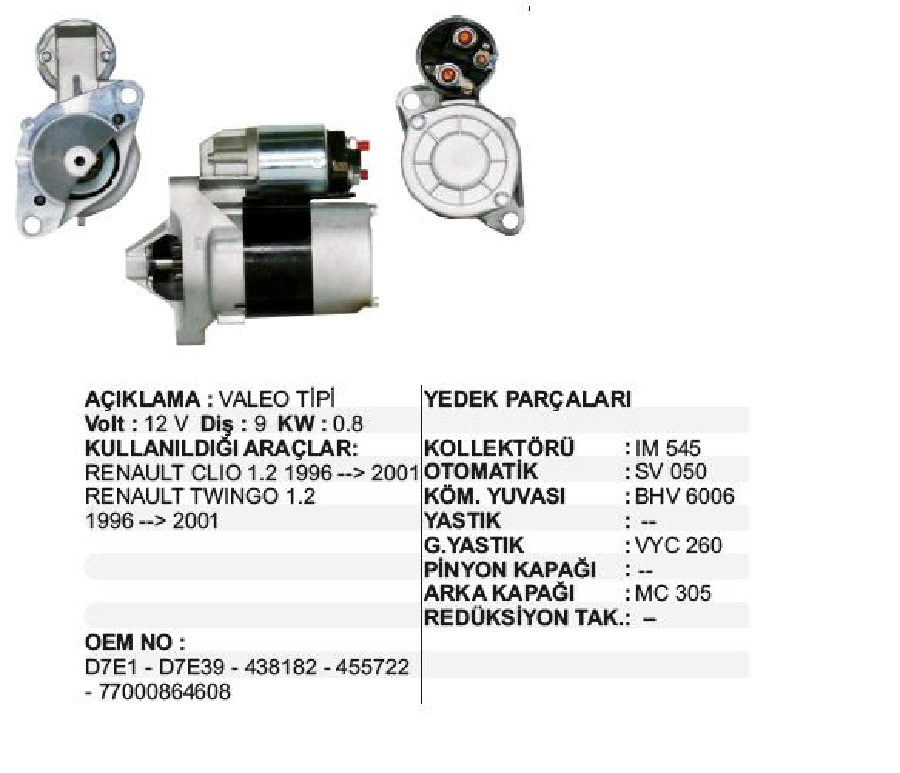 Marş Motoru 12V 9D 0,8 kW Valeo Tipi Clio, Twıngo 1996-2001 Dacia Sandero 1.2 | OEM STR3220