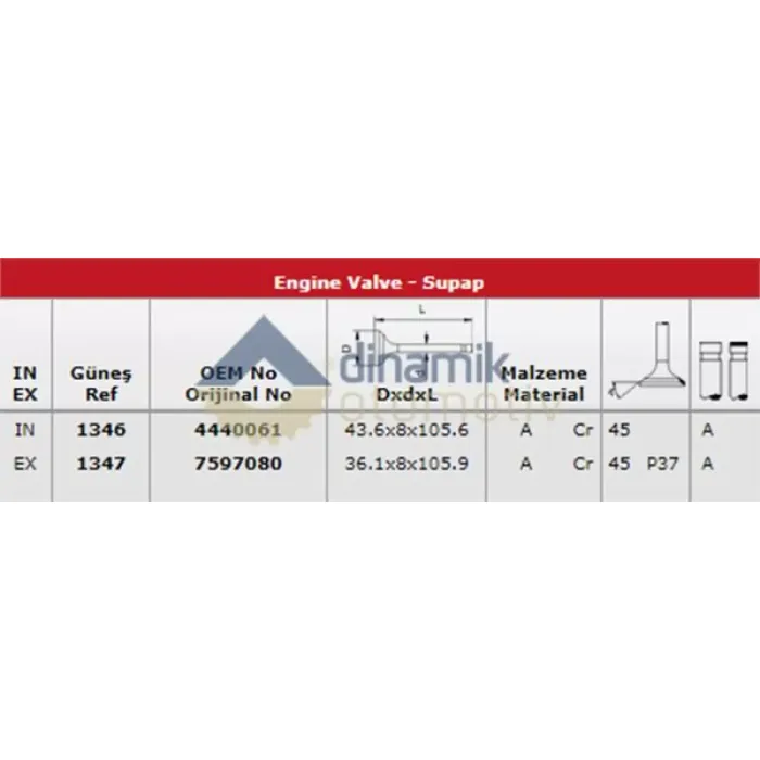 Subap Takimi Tempra 2,0 8V (In 4 / Ex 4) | GUNES 1346-1347 | OEM 4440061 7597080