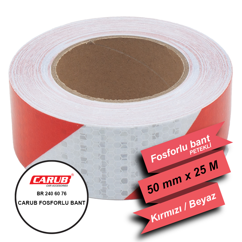 Carub Fosforlu Bant Çapraz Beyaz Kırmızı İ 5CM X 25 Mt Petekli