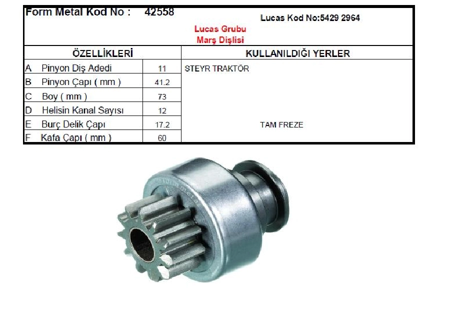 Marş Dişlisi Lucas Tip 11D - Steyr Traktör 8033 İnce Yatık Sık Freze | OEM 42558