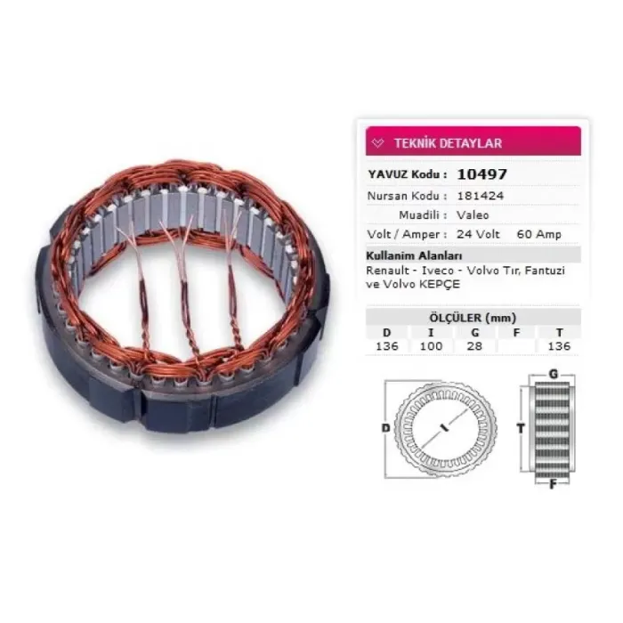 Stator Valeo Tip 24V 60A Renault Iveco Volvo Tir Fantuzi Volvo Kepce Nursan 181424 | YAVUZ 10 497