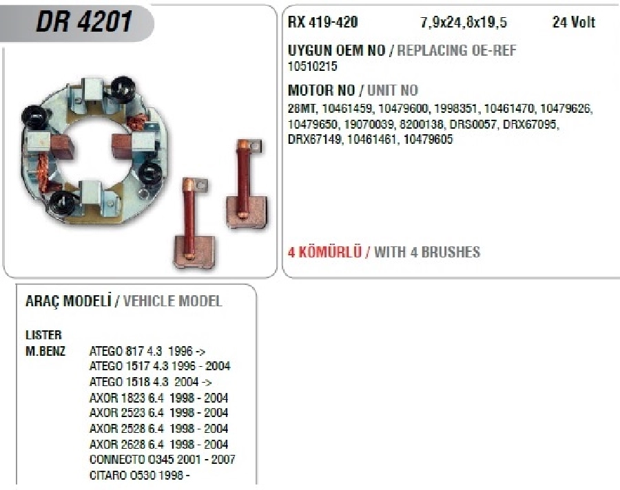 Marş Kömür Yuvası 24V 28MT Pro Mercedes Atego 817, 1517, 1518-Axor 1823, 2523, 2528, 2628 4KOMUR (Uygun Köm | OEM DR4201