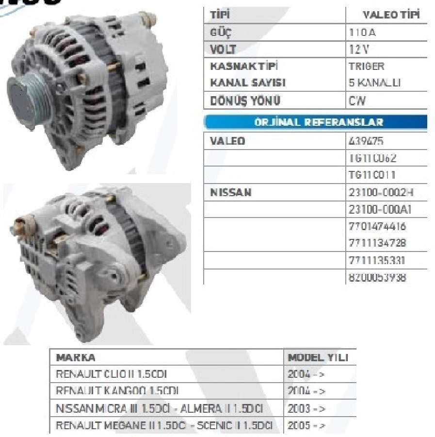 Alternatör 12V 110A 5 Kanal Bilyalı Kasnak Mitsubishi Tipi Clio 2 1,5DCİ-KANGO 1.5DCİ-Mıcra 1, W ALT23174 | OEM WUT.1101.0161