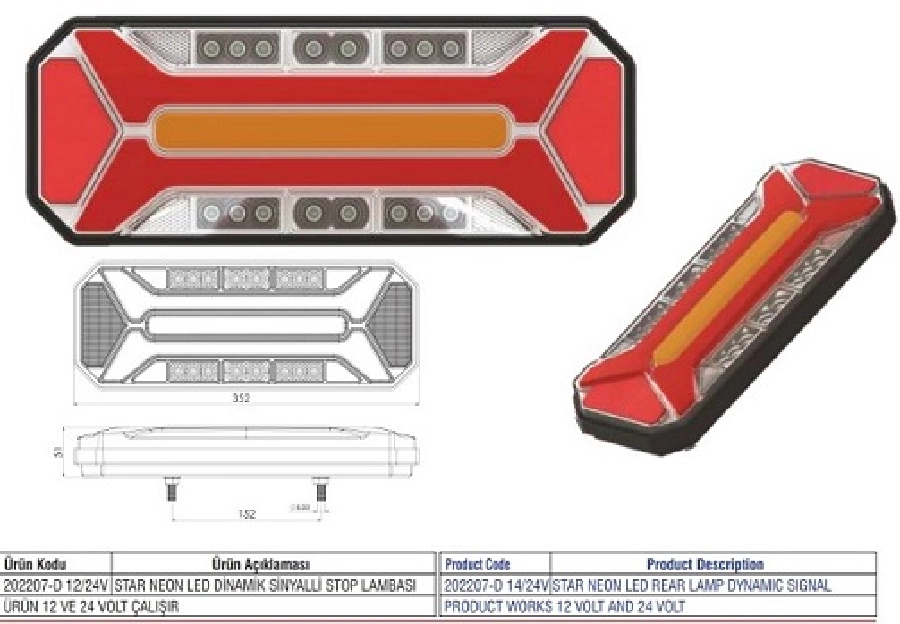 Neon LED Stop Lambası 12, 24 Volt Kayar Sinyalli ( Su Geçirmez ) | OEM 202207-D